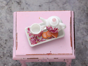 Miniature Teatime and Biscuits Set with Hand-painted Roses Decoration - Dollhouse Miniature Ornament