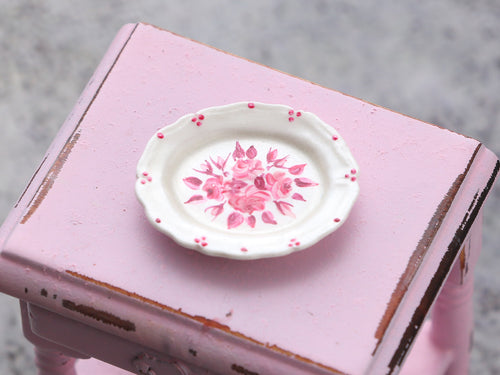 Miniature Ceramic Plate with Hand-painted Roses Decoration - Dollhouse Miniature Ornament