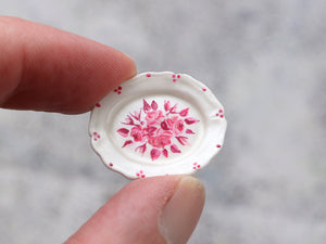 Miniature Ceramic Plate with Hand-painted Roses Decoration - Dollhouse Miniature Ornament