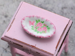 Miniature Porcelain Plate with Hand-painted Light Pink Roses / Butterfly Decoration - Dollhouse Miniature Ornament