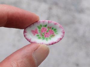 Miniature Porcelain Plate with Hand-painted Light Pink Roses / Butterfly Decoration - Dollhouse Miniature Ornament