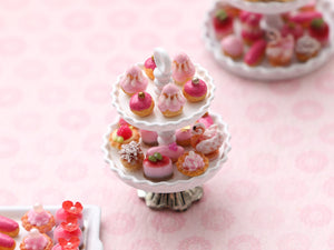 Pink French Petits Fours Presented on Two Tier Cake Stand - Handmade Miniature