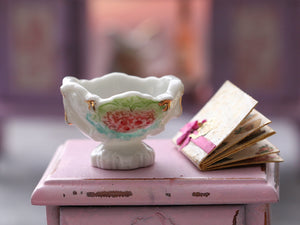 Miniature Porcelain Footed Bowl (Compotier) with Pink Flower Decoration - Dollhouse Miniature Ornament