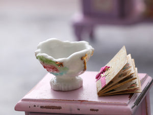 Miniature Porcelain Footed Bowl (Compotier) with Pink Flower Decoration - Dollhouse Miniature Ornament