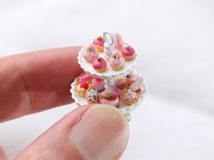Pink French Petits Fours Presented on Two Tier Cake Stand - Handmade Miniature