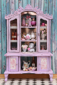 Spectacular OOAK Pink Hutch / Cabinet Filled with Handmade Miniatures - Dollhouse Furniture