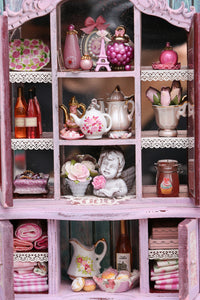 Spectacular OOAK Pink Hutch / Cabinet Filled with Handmade Miniatures - Dollhouse Furniture