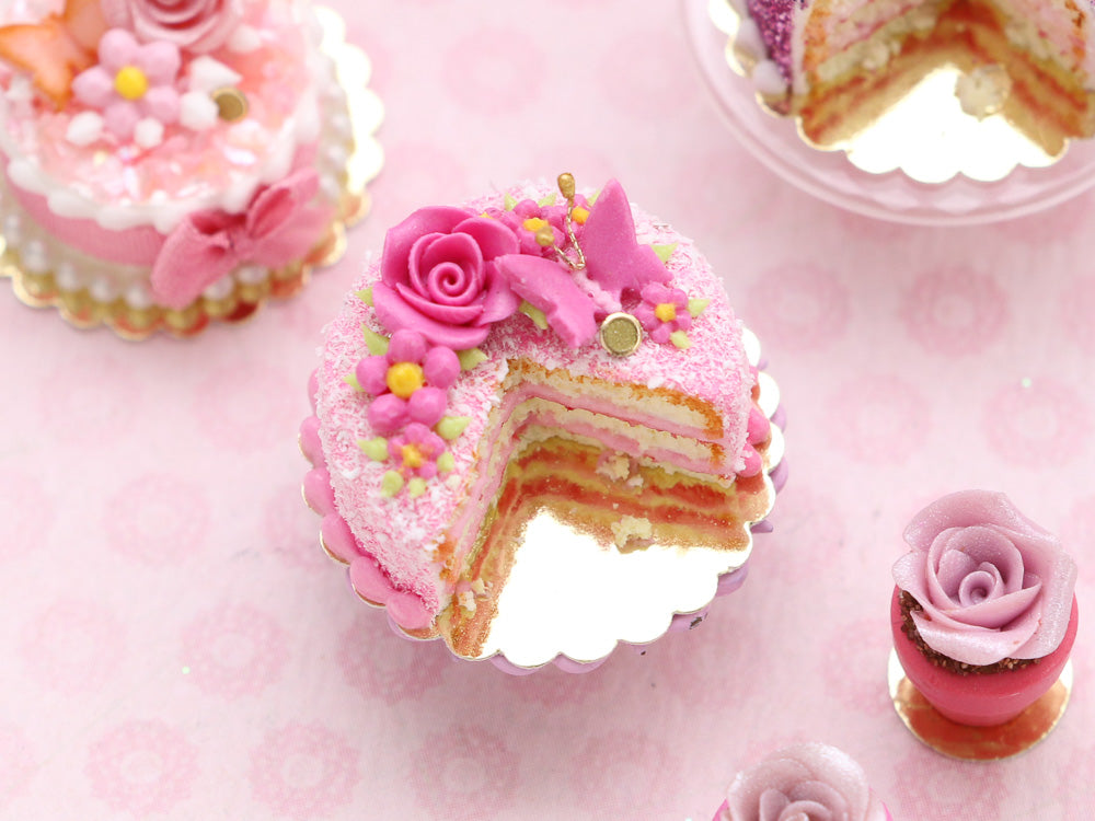 Cut Miniature Layer Cake with Fuchsia Rose and Butterfly - Handmade Miniature Food