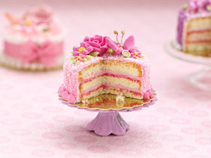 Cut Miniature Layer Cake with Fuchsia Rose and Butterfly - Handmade Miniature Food