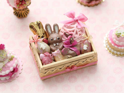 Wooden Crate of Pink Easter Chocolates and Treats - Miniature Food in 12th Scale for Dollhouse