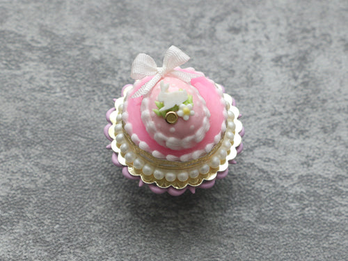 Pink Easter Cake Decorated with Pink Egg, White Rabbit - Miniature Food in 12th Scale for Dollhouse