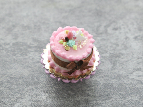 Pink & White Easter Cake, Golden Butterfly, Pastel Rochers - OOAK - Miniature Food in 12th Scale for Dollhouse