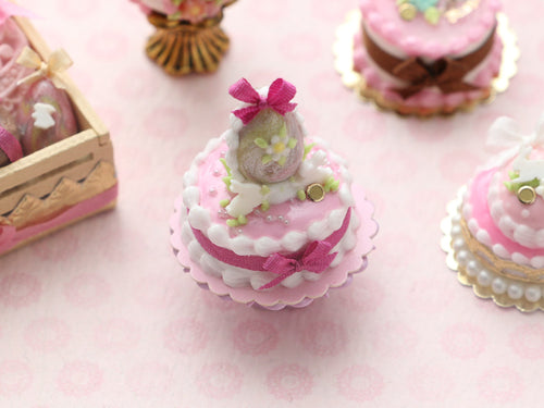 Pink & White Easter Egg Cake, Two White Rabbits - OOAK - Miniature Food in 12th Scale for Dollhouse