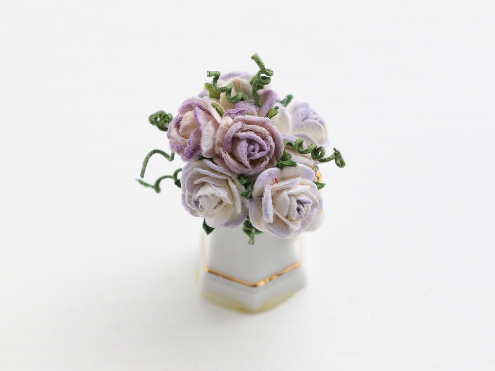Lilac roses in coffee pot planter - OOAK - 12th scale miniature decoration