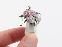 Load image into Gallery viewer, Lilac roses in coffee pot planter - OOAK - 12th scale miniature decoration