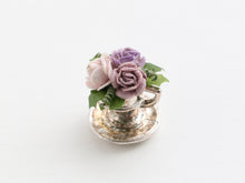 Load image into Gallery viewer, Three roses in silver teacup planter - OOAK - 12th scale dollhouse decoration