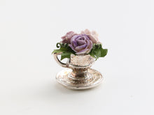 Load image into Gallery viewer, Three roses in silver teacup planter - OOAK - 12th scale dollhouse decoration