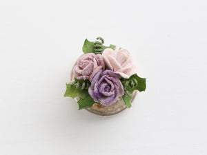 Three roses in silver teacup planter - OOAK - 12th scale dollhouse decoration