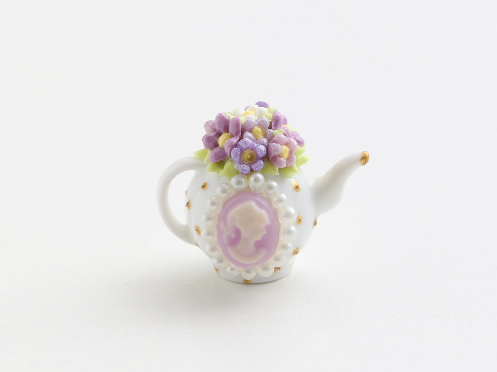Lilac blossom and cameo miniature teapot - OOAK - 12th scale miniature