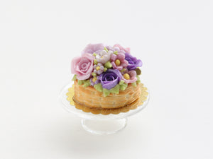 Miniature Basket Cake with Purple and Lilac Roses - OOAK - Food for Dollhouses