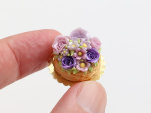 Miniature Basket Cake with Purple and Lilac Roses - OOAK - Food for Dollhouses