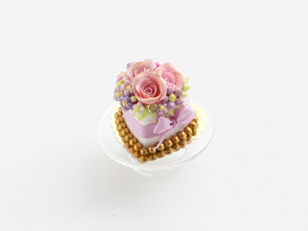 Heart-shaped cake with trio of beautiful roses, gold pearls - OOAK