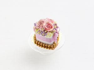 Heart-shaped cake with trio of beautiful roses, gold pearls - OOAK