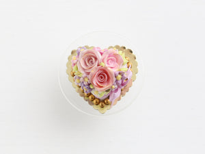 Heart-shaped cake with trio of beautiful roses, gold pearls - OOAK