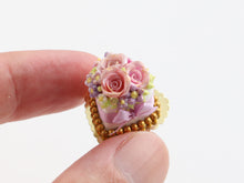 Load image into Gallery viewer, Heart-shaped cake with trio of beautiful roses, gold pearls - OOAK