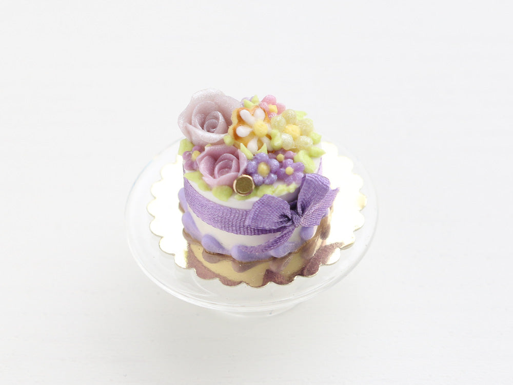 Miniature cake decorated with lilac summer roses - OOAK - Handmade dollhouse food