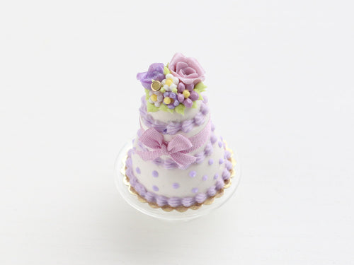 Three tiered lilac rose cake - handmade miniature food - OOAK