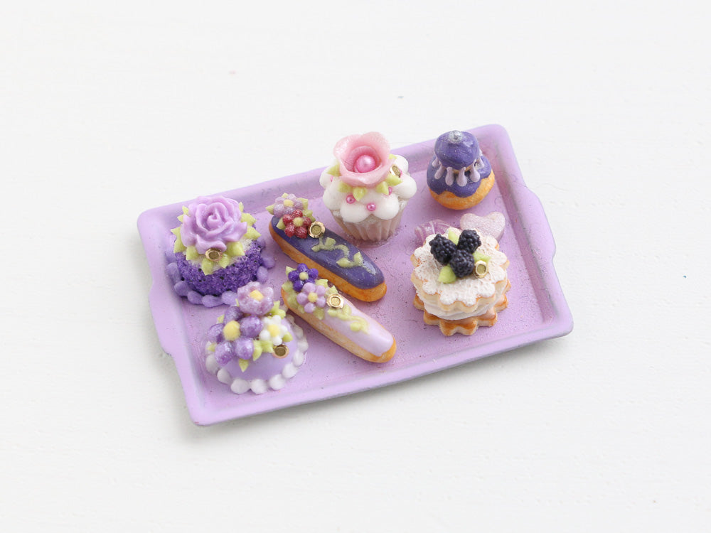 Purple French Pastries on Metal Tray - OOAK - Handmade miniature food