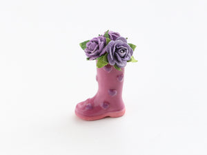 Whimsical lilac boot planter with roses - OOAK - dollhouse miniature decoration