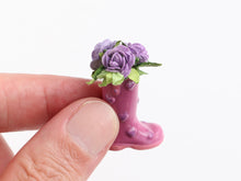 Load image into Gallery viewer, Whimsical lilac boot planter with roses - OOAK - dollhouse miniature decoration