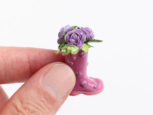 Whimsical lilac boot planter with roses - OOAK - dollhouse miniature decoration
