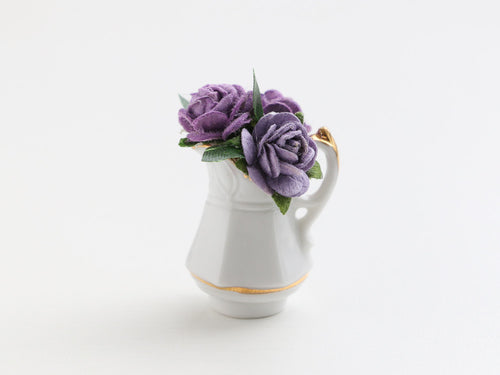 Purple roses in coffee pot planter - OOAK - 12th scale dollhouse miniature decoration