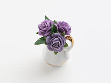 Load image into Gallery viewer, Purple roses in coffee pot planter - OOAK - 12th scale dollhouse miniature decoration