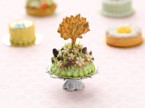 Dome Garden Easter Cake Decorated with Cookie Tree, Chocolate Bunnies and Eggs - OOAK - Miniature Food in 12th Scale for Dollhouse