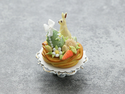 Easter Nest Cake with Bunny, Egg, Rose, Spring Colours - OOAK - Miniature Food in 12th Scale for Dollhouse
