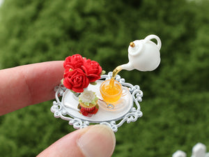 Frozen Moment - Tea, Cupcake and Red Roses - Summer Drinks - Handmade Miniature Dollhouse Food