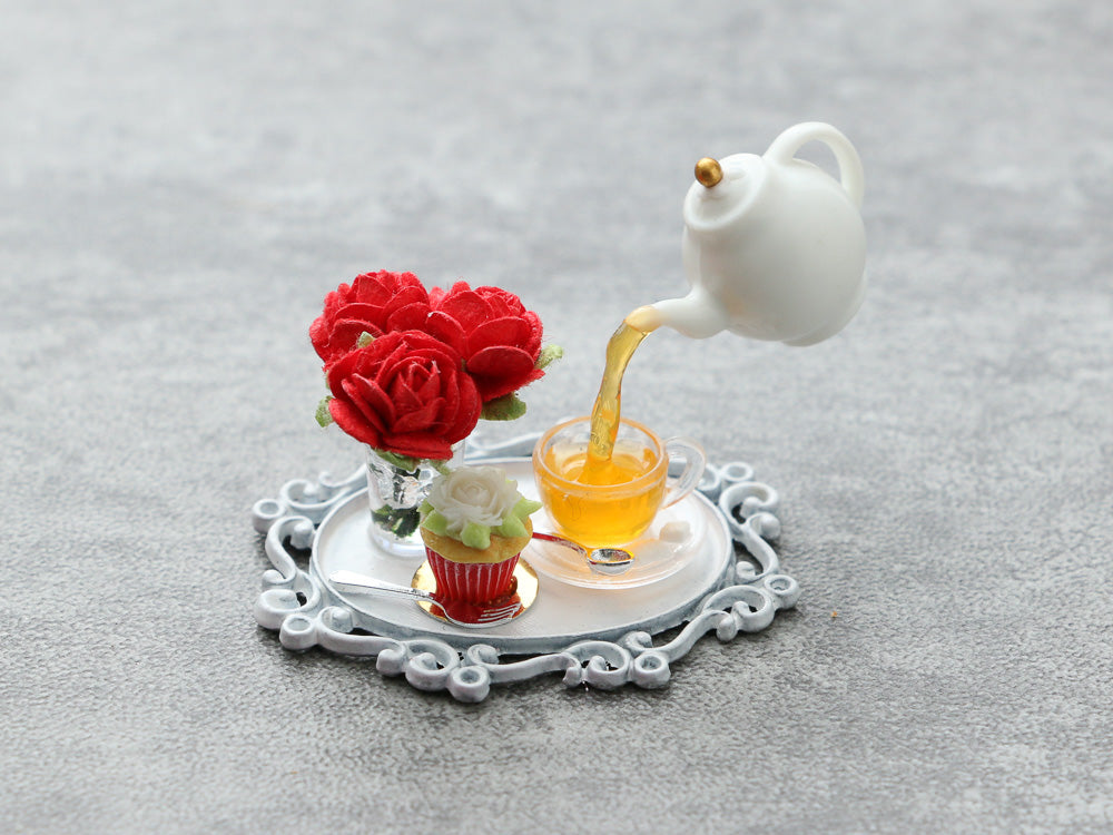 Frozen Moment - Tea, Cupcake and Red Roses - Summer Drinks - Handmade Miniature Dollhouse Food