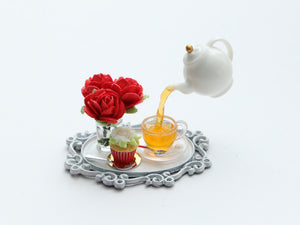 Frozen Moment - Tea, Cupcake and Red Roses - Summer Drinks - Handmade Miniature Dollhouse Food