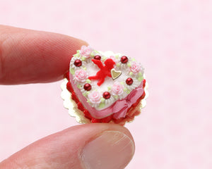 Miniature Valentine’s Heart-shaped Pink Roses & Red Cherub Cake – Dollhouse 1:12 Scale Handmade Food
