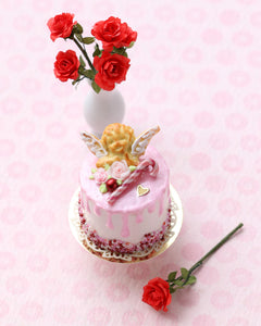 Miniature Valentine’s Tall Drip Cake with Cherub – Dollhouse 1:12 Scale Handmade Food