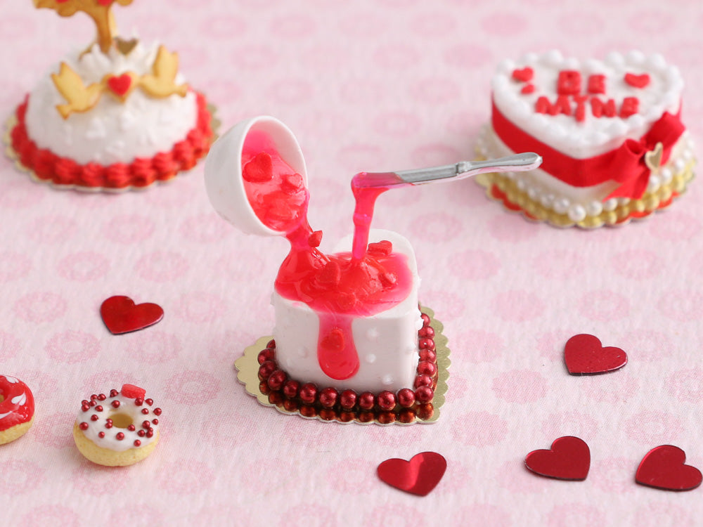 Decorating a Heart-shaped Cake - OOAK - Red Icing - Handmade Miniature Food