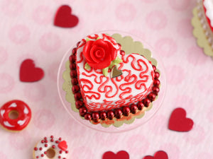 Red Rose Heart-shaped Valentine Cake with Swirls - Handmade Miniature Food