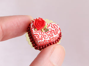 Red Rose Heart-shaped Valentine Cake with Swirls - Handmade Miniature Food