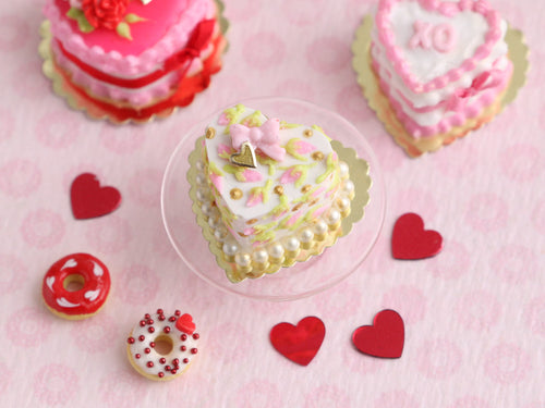 Pink Rosebud Heart-shaped Valentine Cake - OOAK - Handmade Miniature Food
