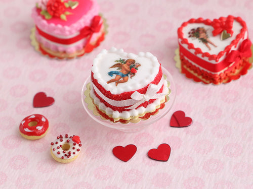 Heart-shaped Valentine Cake with Vintage Cherub Decoration - OOAK - Handmade Miniature Food