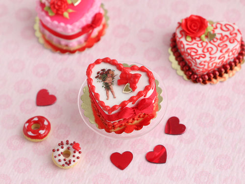 Heart-shaped Valentine Cake with Vintage Cherub Holding Roses Decoration - Handmade Miniature Food